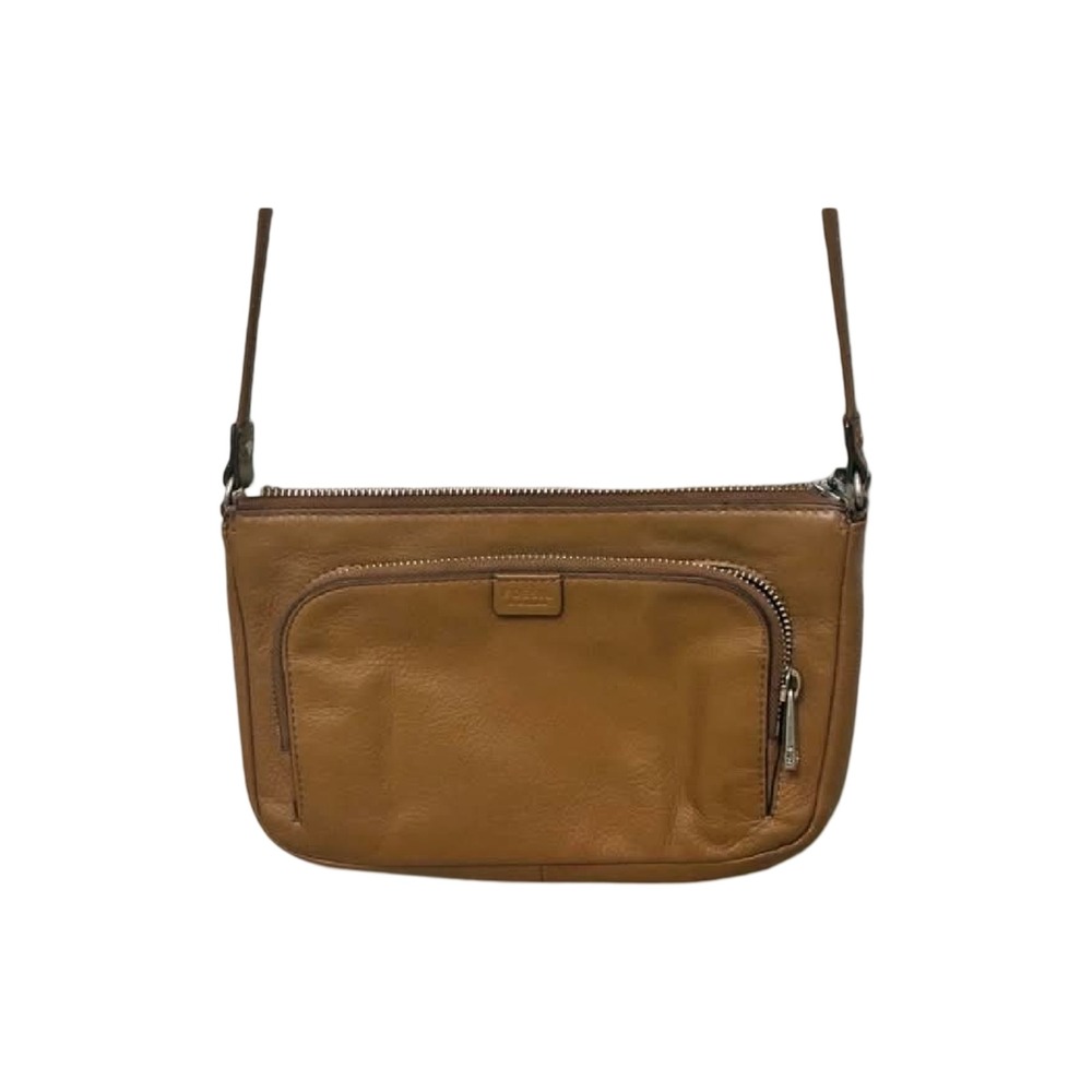 Fossil Brown Leather Crossbody Bag Zip Top Front Pocket Organizer Small Tan